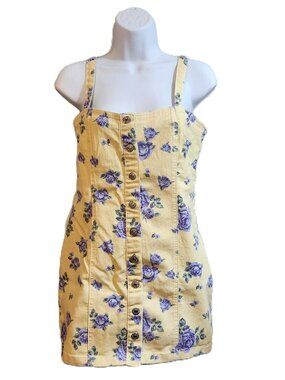 Forever 21 Yellow Blue Floral Denim Overall Dress, Medium